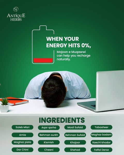 A minimalist ad featuring a person slumped over a laptop, visually representing low energy with a drained battery icon to promote a natural herbal supplement.